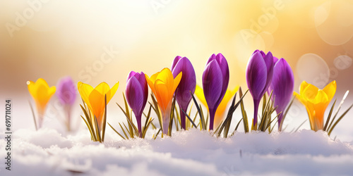 Purple and yellow crocus flowers growing out of the snow in early spring in the garden