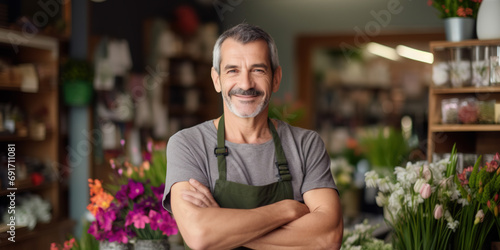 Middle age small flower shop owner standing and looking to camera. Business portrait. Own business concept