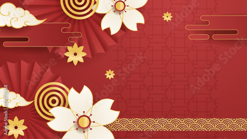 Red white and gold vector happy chinese new year with cloud and lantern on background with copy space area. Trendy happy chinese new year 2024 design template.