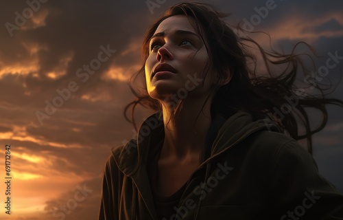 Portrait of a young woman looking up at sunset