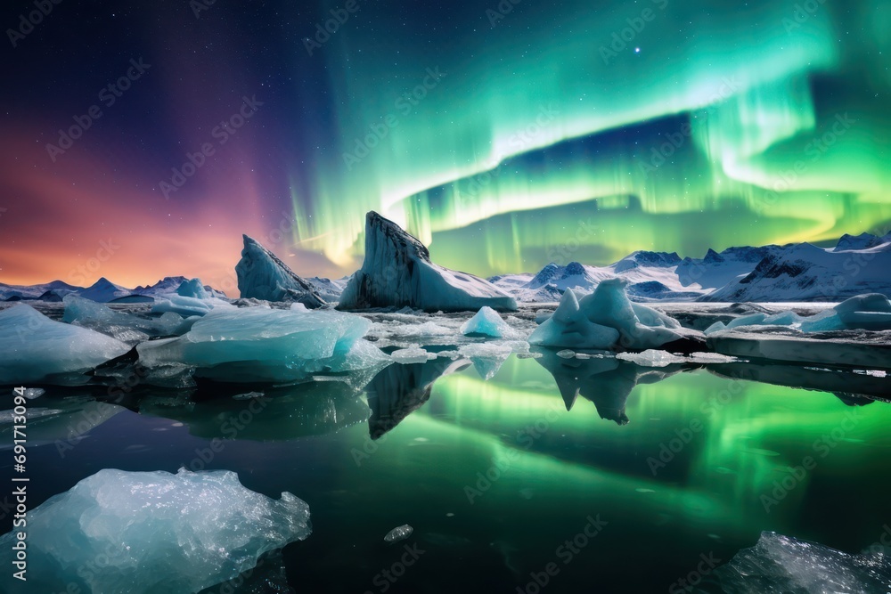 Frozen Beauty. Icebergs Drifting in a Glacial Lagoon Under the Northern Lights 