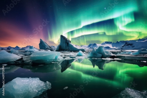 Frozen Beauty. Icebergs Drifting in a Glacial Lagoon Under the Northern Lights 
