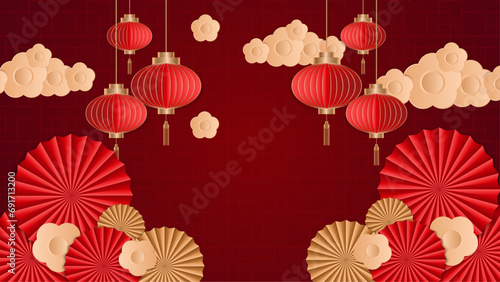 Red and gold vector gradient chinese lunar new year. Happy Chinese new year background with clouds, lantern, gold asian elements on red background