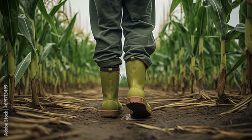 Rubber boot clad farmer in a corn maize field