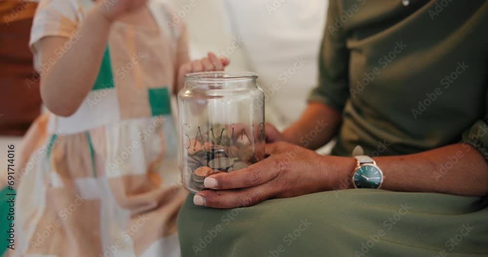 Coins, jar or hands of mother with child counting money together for learning development. Closeup, family knowledge or mom teaching daughter for financial savings, future planning or cash investment Coins, jar or hands of mother with child counting money together for learning development. Closeup, family knowledge or mom teaching daughter for financial savings, future planning or cash investment