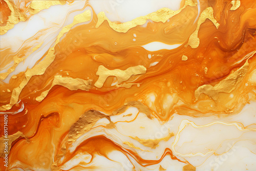Close-Up of Marbled Surface with Swirling Orange and Brown Liquid Background Texture