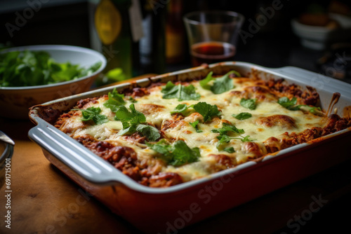 Traditional homemade italian lasagna with bolognese sauce with greens just out of the oven