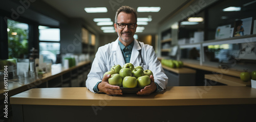 In a whimsical doctor's office with apples. A doctor in white attire, stethoscope around the neck, amusingly examines an apple among the apple-filled surroundings. photo