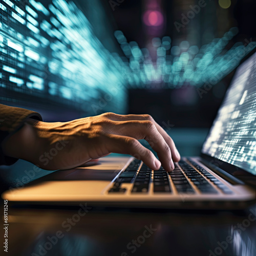 A close-up shot captures skilled hands typing swiftly on a laptop keyboard, illuminated by the ethereal glow of digital data streams in the background.