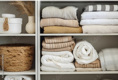 Organized Home Concept: Stacks of Towels and Baskets in Monochromatic Palette with Y2K Aesthetic