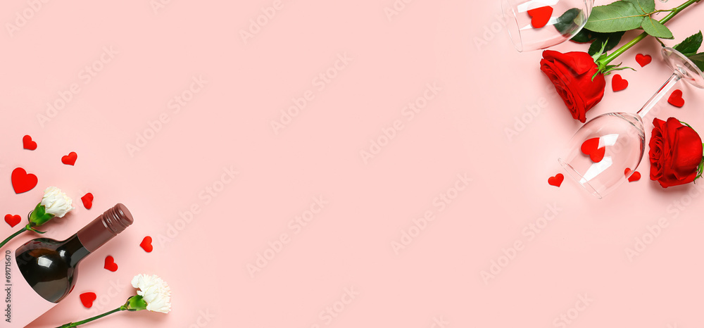 Bottle of wine, glasses, flowers and hearts on pink background with space for text. Valentine's Day celebration Bottle of wine, glasses, flowers and hearts on pink background with space for text. Valentine's Day celebration