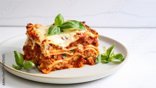 Closeup of traditional italian lasagna with bolognese sauce isolated on white background, copy space