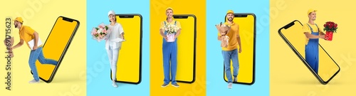 Set of couriers with bouquets of flowers and big smartphones on color background