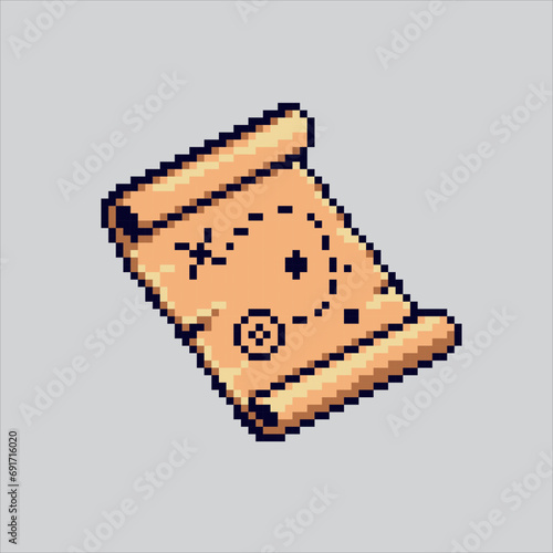 Pixel art illustration Map. Pixelated Map. Treasure Map scroll pixelated for the pixel art game and icon for website and video game. old school retro.