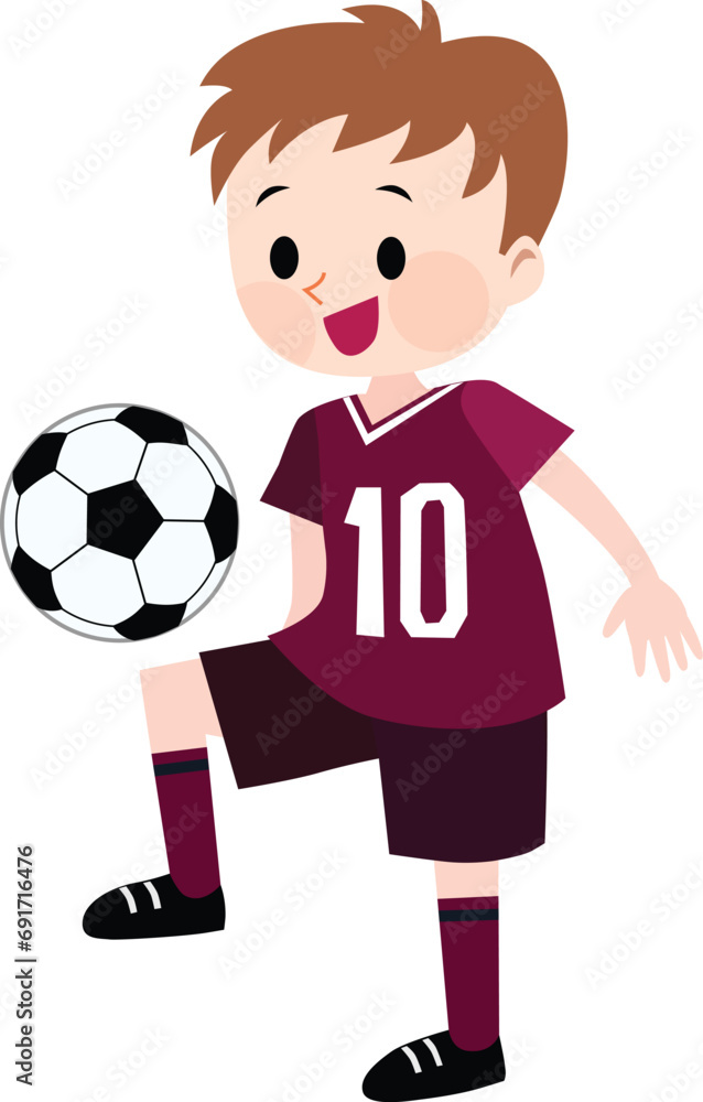 A boy playing soccer wearing wine red jersey. Vector Illustration.	