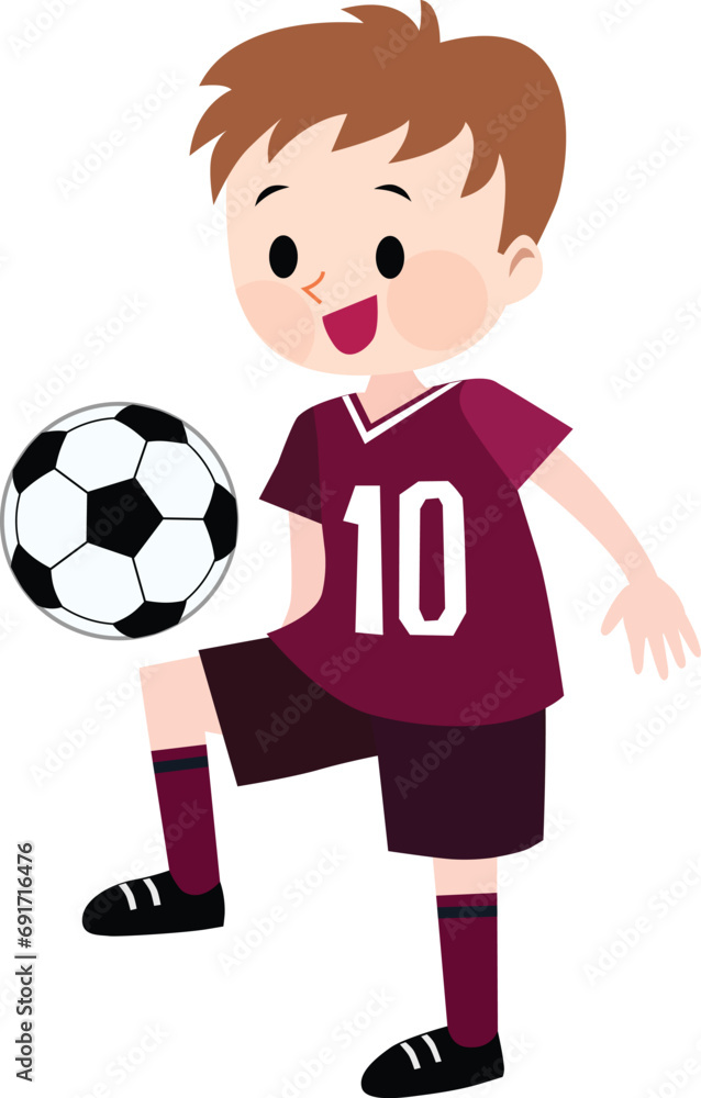 A boy playing soccer wearing maroon jersey. Vector Illustration.	
