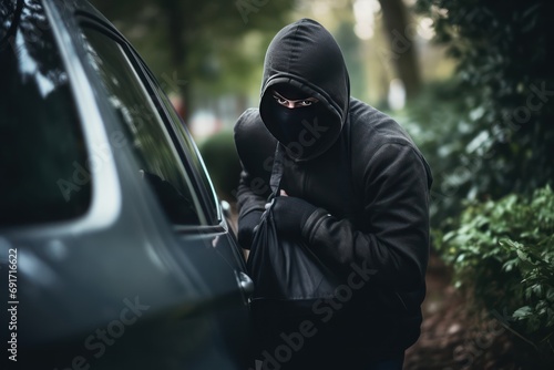 car thief breaking into a parked car and stealing valuables  photo