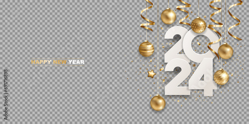 Happy new year 2024. White paper numbers with golden Christmas decoration and confetti, isolated on transparent background. Holiday greeting card design.