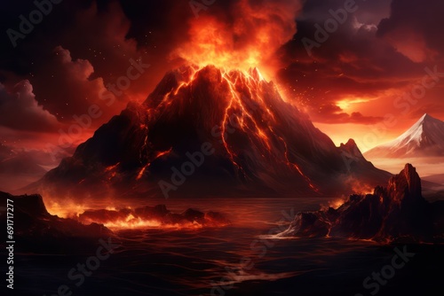 A volcano and a lava. Volcano eruption concept background 