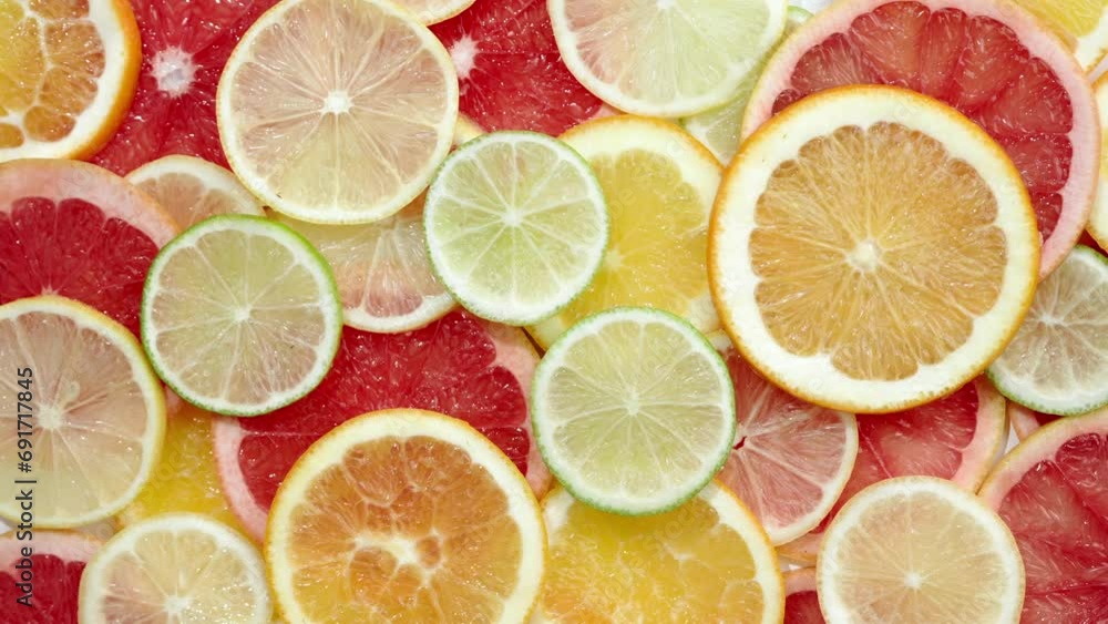 Slice of citrus fruit underwater or in water with splashing and droplet top view flat lay on white background. Slice of citrus fruit underwater or in water with splashing and droplet top view flat lay on white background.