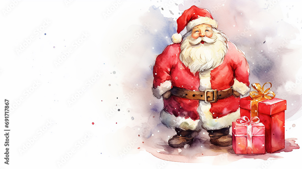 Fototapeta premium santa with gifts, watercolor christmas greeting card with white background copy space