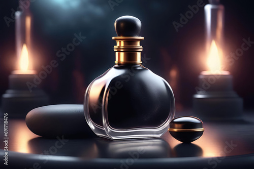 Prioritize detail in this portrayal, making sure the product picture reflects the high quality and realism of the black perfume bottle.