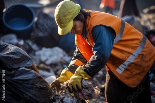 A recycling worker collecting and sorting waste materials 