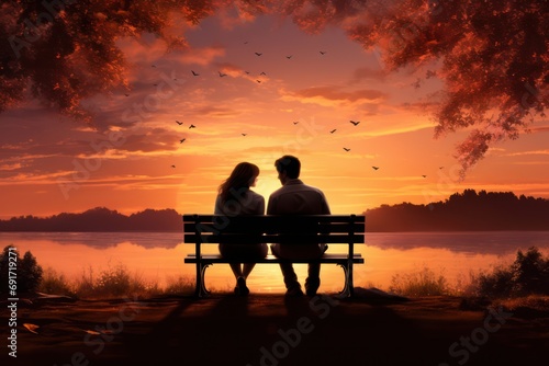 couple sitting on a bench at sunset 