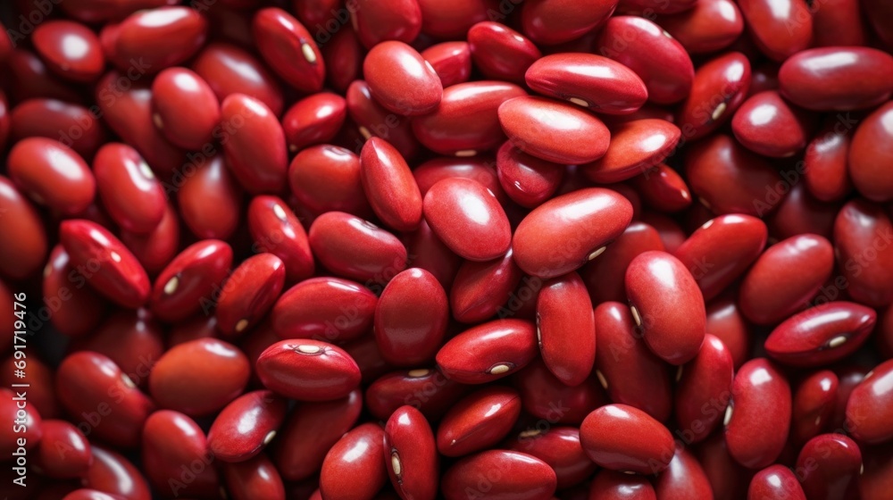 Macro view of red kidney beans evenly scattered on table. Top view. Background texture of uncooked kidney beans. Copy space. Can be used in food and nutrition related content. Macro view of red kidney beans evenly scattered on table. Top view. Background texture of uncooked kidney beans. Copy space. Can be used in food and nutrition related content.