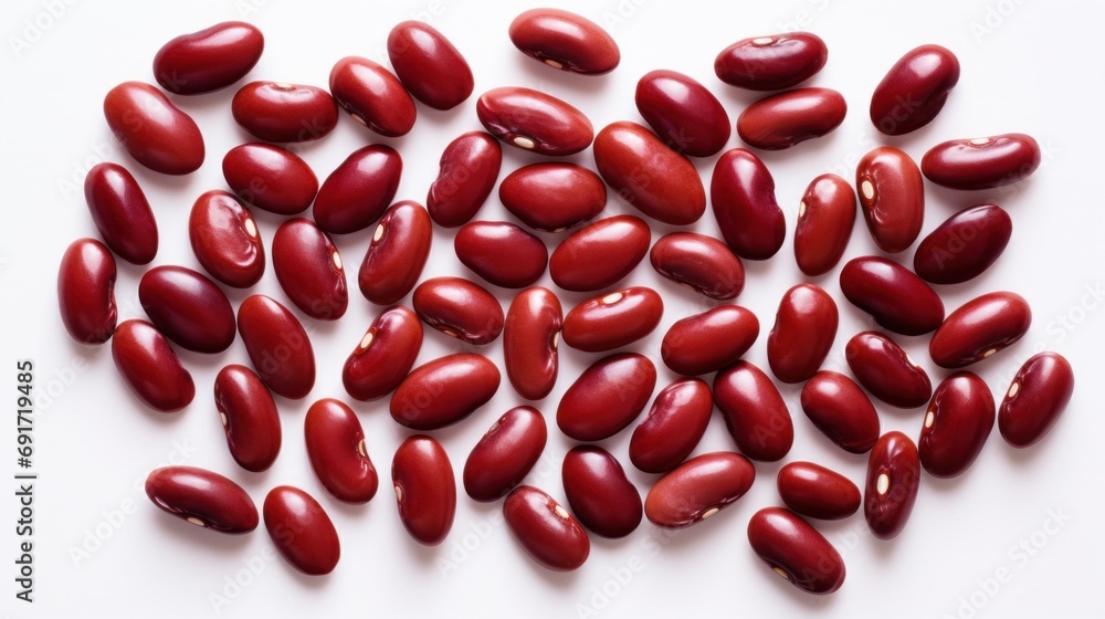 Close up of red kidney beans evenly scattered on a white background. Top view. Background texture of uncooked kidney beans. Copy space. Can be used in food and nutrition related content. Close up of red kidney beans evenly scattered on a white background. Top view. Background texture of uncooked kidney beans. Copy space. Can be used in food and nutrition related content.