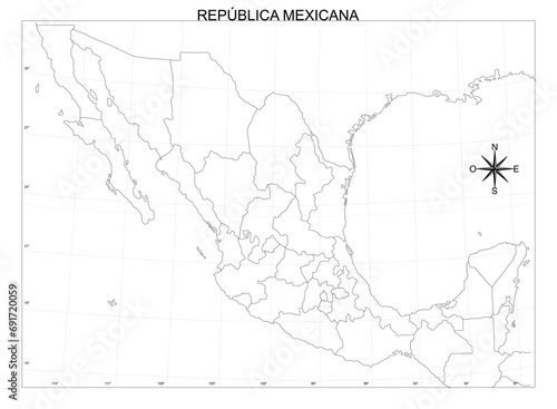 Black and white school map of Mexico with political division and with grades, without names