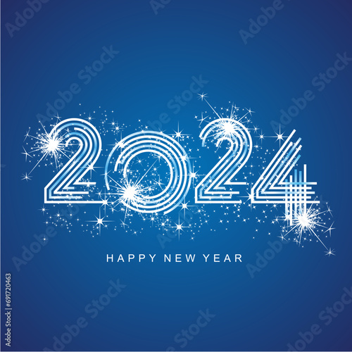 2024 New Year abstract white light blue multiply line design of 2024 year numbers shining glitter sparkle firework blue background greeting card