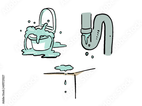 水漏れなど水にまつわるトラブル　手描き風イラストセット