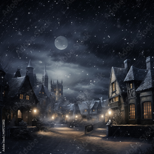 Old european town at night with snowfall. Christmas and New Year holidays concept. Winter cityscape of Amsterdam.