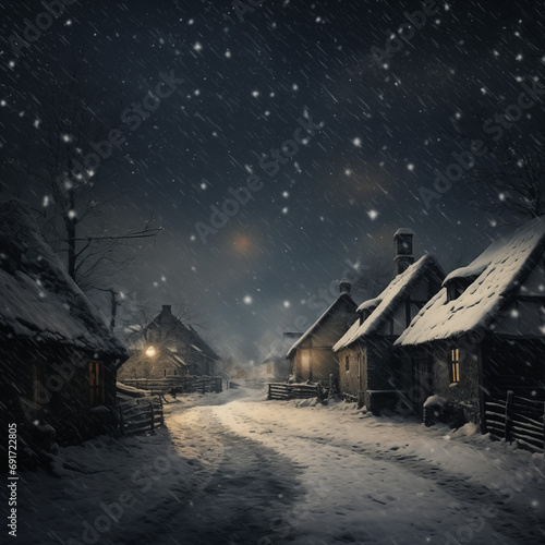 Winter night in the village. Snowfall. Fairytale landscape.