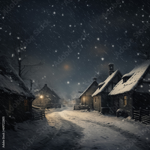 Winter night in the village. Snowfall. Fairytale landscape. photo