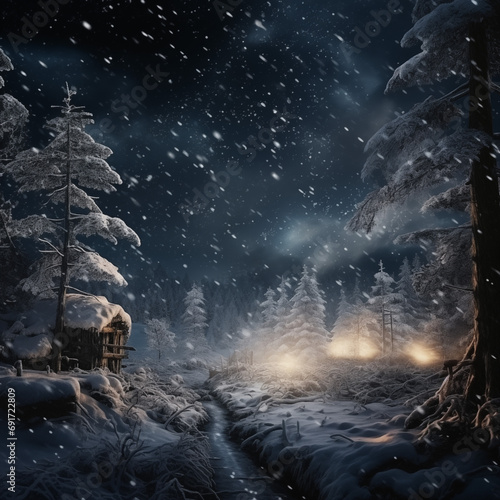Winter forest at night with snow and magical lights. Beautiful winter landscape.