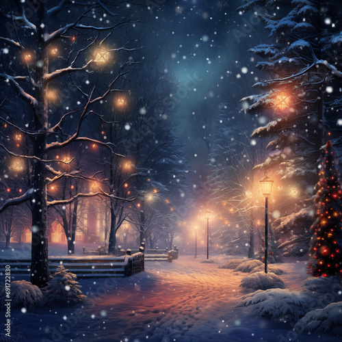 Winter forest at night with snow and magical lights. Beautiful winter landscape.