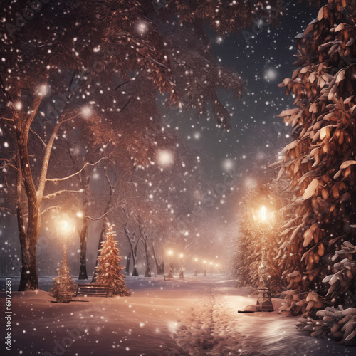 Winter forest at night with snow and magical lights. Beautiful winter landscape.