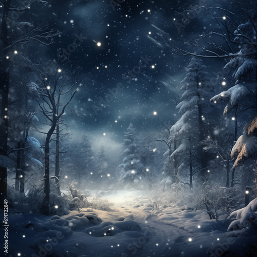 Winter forest at night with snow and magical lights. Beautiful winter landscape.