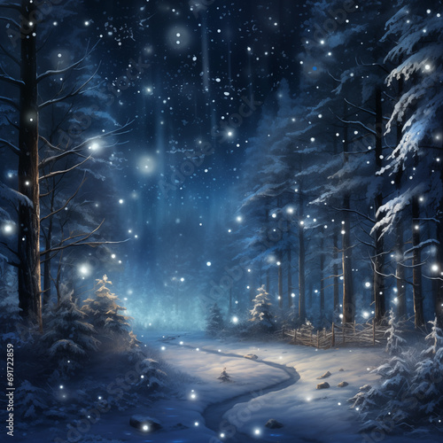 Winter forest at night with snow and magical lights. Beautiful winter landscape.