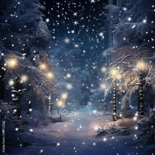 Winter forest at night with snow and magical lights. Beautiful winter landscape.