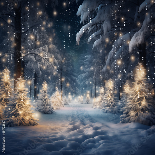 Winter forest at night with snow and magical lights. Beautiful winter landscape.