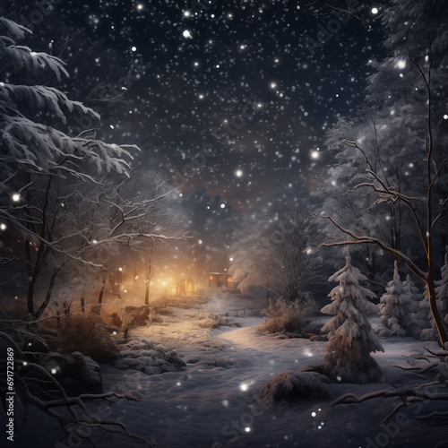 Winter forest at night with snow and magical lights. Beautiful winter landscape.