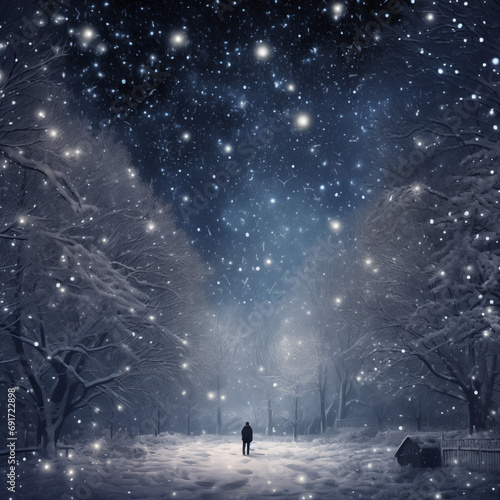 Person in winter forest at night with falling snow and falling snowflakes