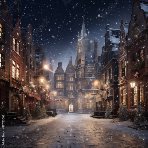 Old european town at night with snowfall. Christmas and New Year holidays concept. Winter cityscape of Amsterdam.