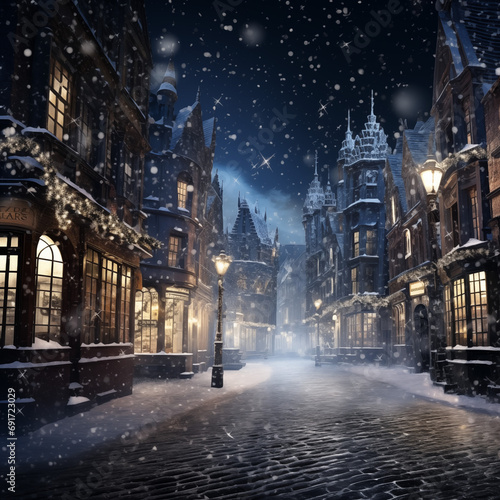 Old european town at night with snowfall. Christmas and New Year holidays concept. Winter cityscape of Amsterdam.