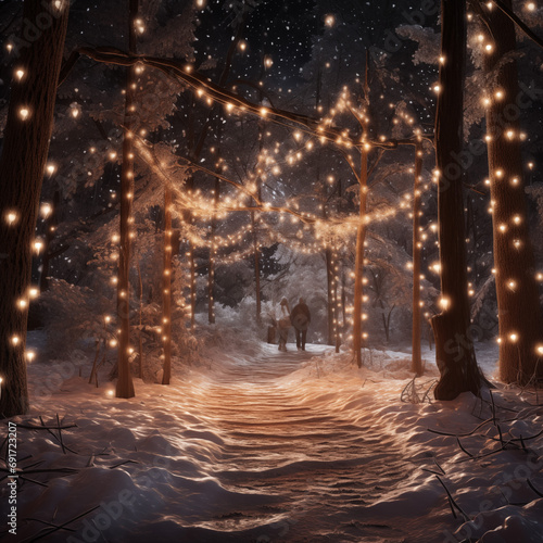 Winter forest at night with snow and magical lights. Beautiful winter landscape.