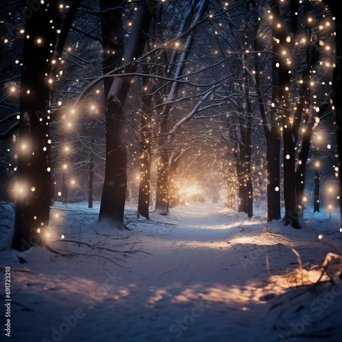 Winter forest at night with snow and magical lights. Beautiful winter landscape.
