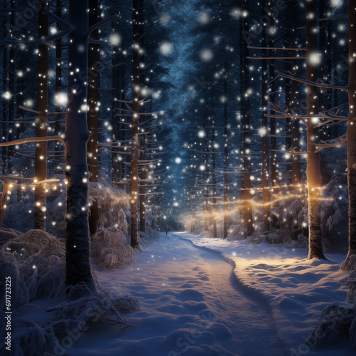 Winter forest at night with snow and magical lights. Beautiful winter landscape.